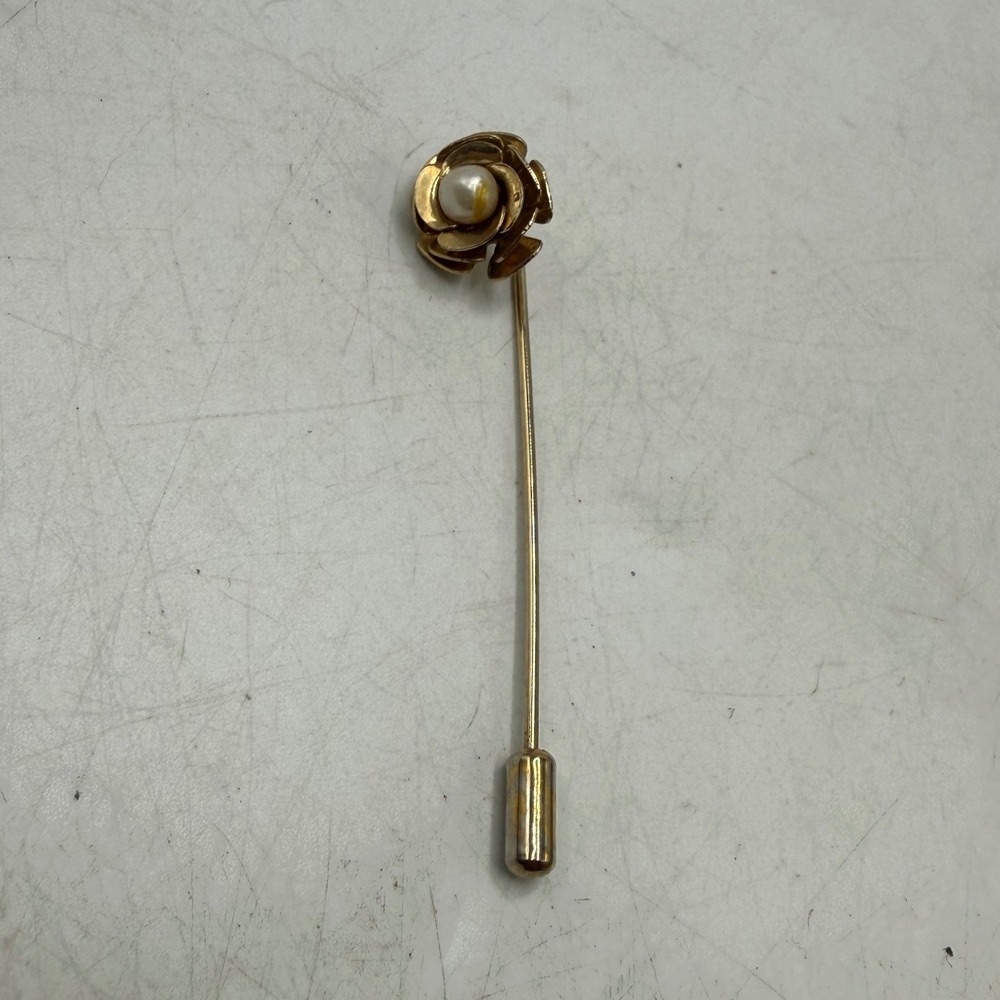 Vintage Gold Tone Rose Flower Stick Pin Faux Pearl Center Lapel Hat Pin 2.5 Inch